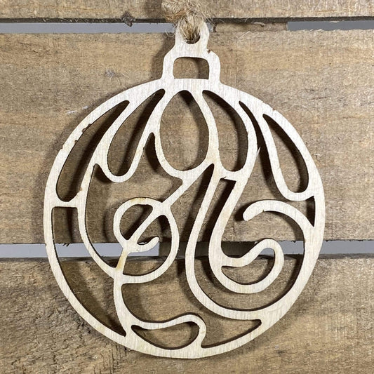 Hand-painted wooden swirl Christmas ornament featuring an elegant flowing spiral design with smooth curves and refined detailing, sophisticated holiday decor for modern homes and minimalist tree styling by Cate’s Concepts