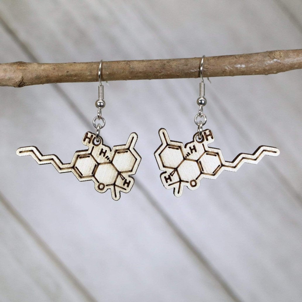Hand-painted wooden THC molecule dangle earrings with detailed chemistry structure design and hypoallergenic sterling silver hooks, lightweight science statement jewelry earrings for chemistry lovers and nerdy style