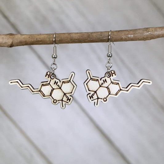 Hand-painted wooden THC molecule dangle earrings with detailed chemistry structure design and hypoallergenic sterling silver hooks, lightweight science statement jewelry earrings for chemistry lovers and nerdy style
