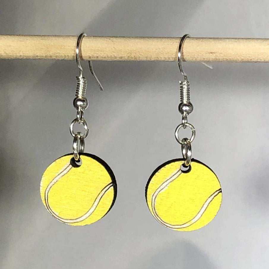 Hand-painted wooden tennis ball dangle earrings with bright sports design and hypoallergenic sterling silver hooks, lightweight tennis statement jewelry earrings for players, fans, and tennis moms 