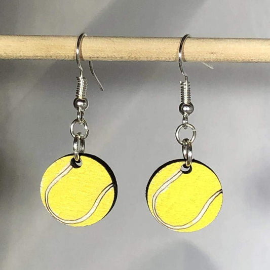 Hand-painted wooden tennis ball dangle earrings with bright sports design and hypoallergenic sterling silver hooks, lightweight tennis statement jewelry earrings for players, fans, and tennis moms 