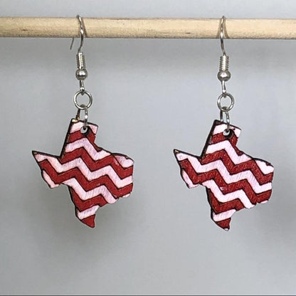Hand-painted wooden Texas chevron dangle earrings with bold red white state design and hypoallergenic sterling silver hooks, lightweight Texas statement jewelry earrings for patriotic pride and southern style