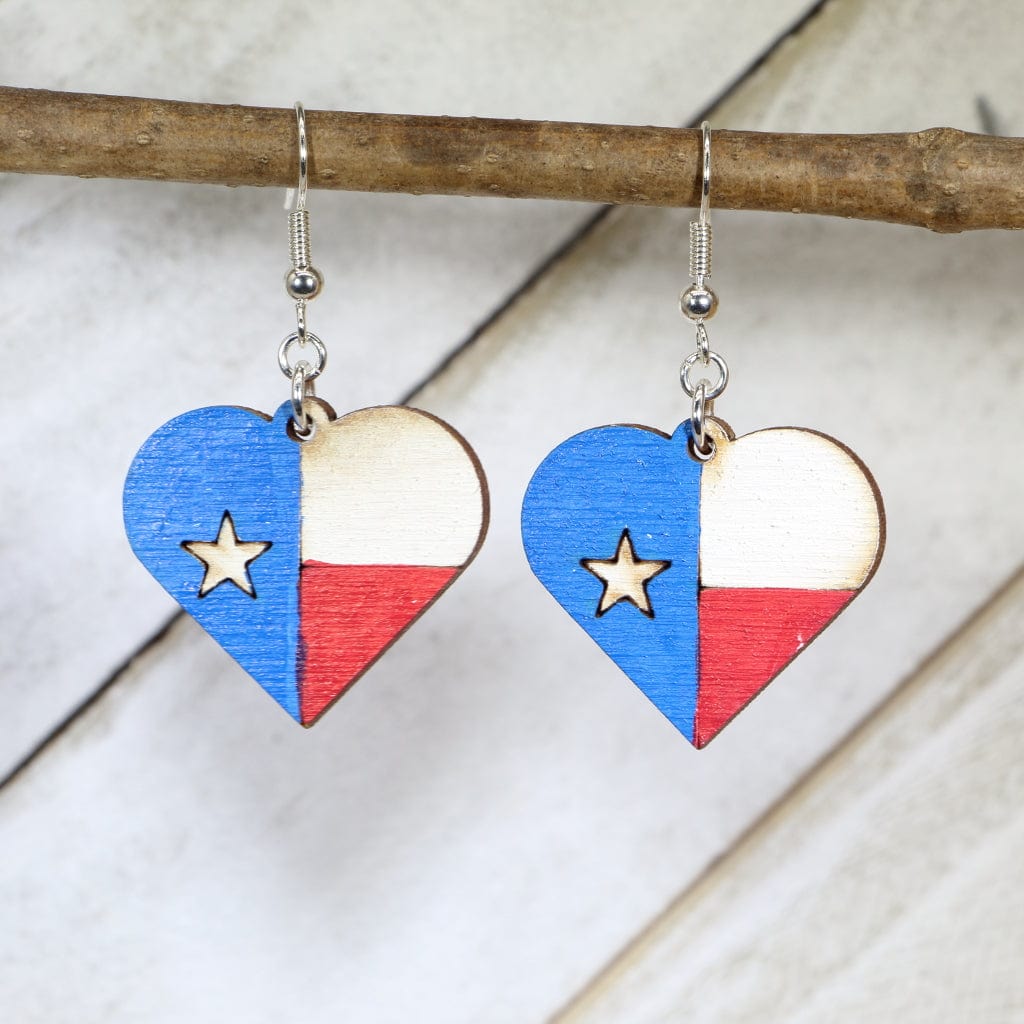 Hand-painted wooden Texas flag heart dangle earrings with state pride design and hypoallergenic sterling silver hooks, bold Texas statement jewelry for patriotic Southern style lovers