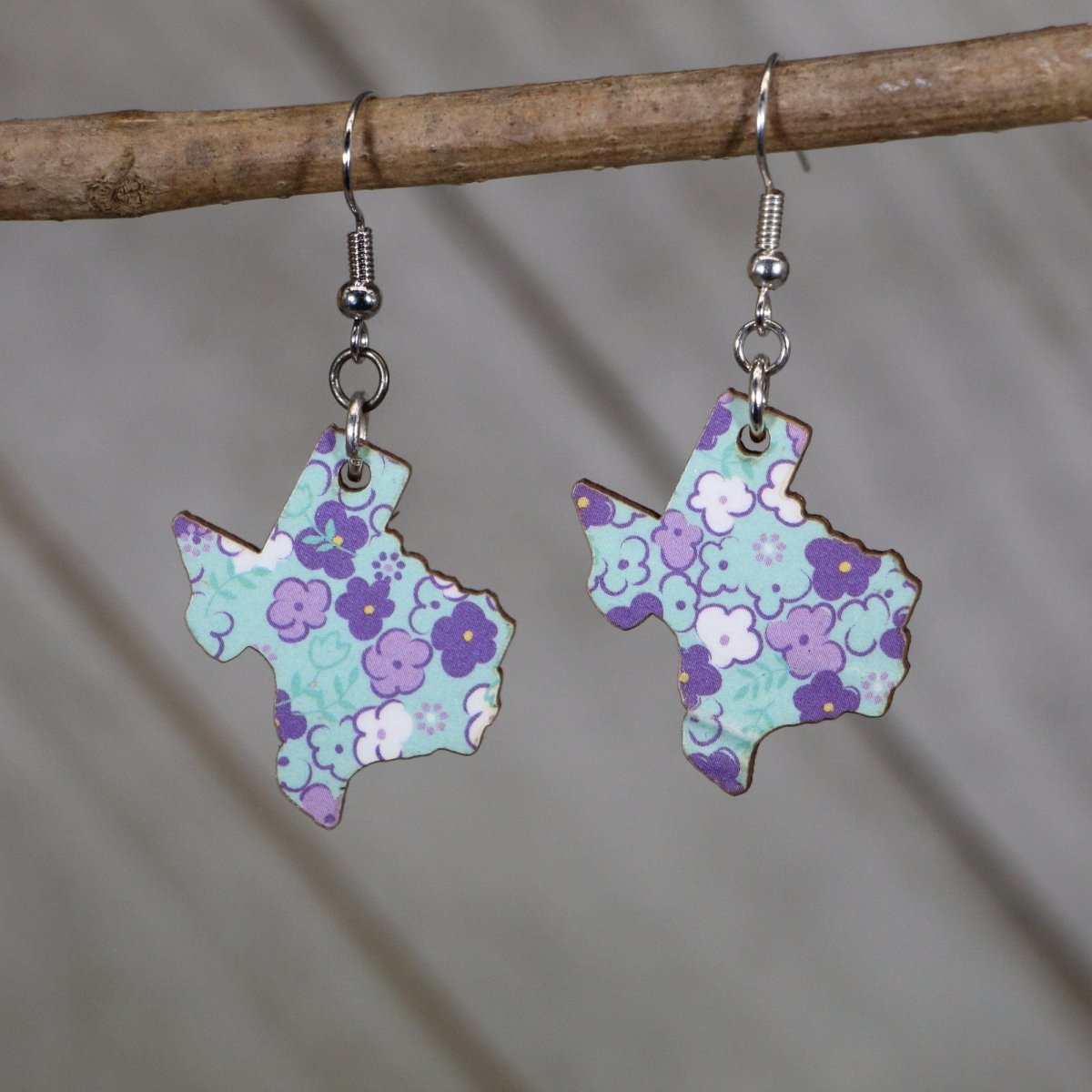 Hand-painted wooden Texas floral dangle earrings with purple flower state-inspired design and hypoallergenic sterling silver hooks, lightweight Texas statement jewelry earrings for boho style and southern pride