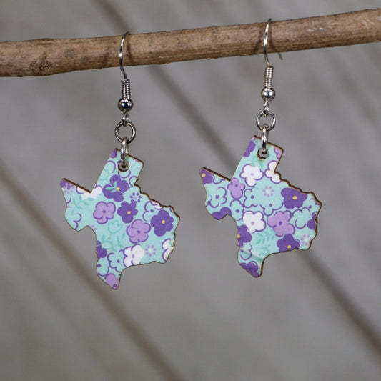 Hand-painted wooden Texas floral dangle earrings with purple flower state-inspired design and hypoallergenic sterling silver hooks, lightweight Texas statement jewelry earrings for boho style and southern pride