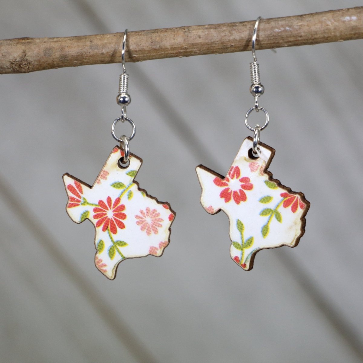 Hand-painted wooden Texas floral dangle earrings with blooming state-inspired flower design and hypoallergenic sterling silver hooks, lightweight Texas statement jewelry earrings for boho style and southern pride