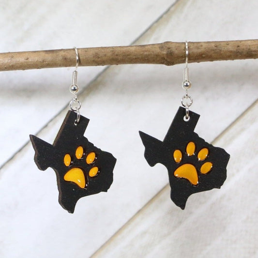Hand-painted wood and resin Texas paw print dangle earrings with state pride mascot design and hypoallergenic sterling silver hooks, lightweight school spirit jewelry for Texas fans and team supporters