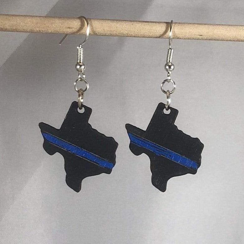Hand-painted wooden Texas thin blue line dangle earrings with state pride design and hypoallergenic sterling silver hooks, lightweight Texas statement jewelry earrings for patriotic and law enforcement support style