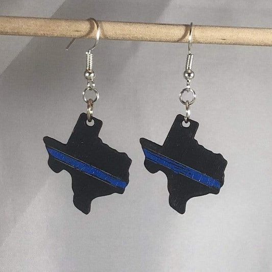 Hand-painted wooden Texas thin blue line dangle earrings with state pride design and hypoallergenic sterling silver hooks, lightweight Texas statement jewelry earrings for patriotic and law enforcement support style