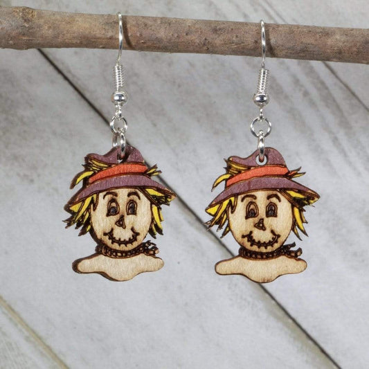 Hand-painted wooden Thanksgiving scarecrow dangle earrings with fall harvest design and hypoallergenic sterling silver hooks, lightweight autumn statement jewelry earrings for seasonal style 