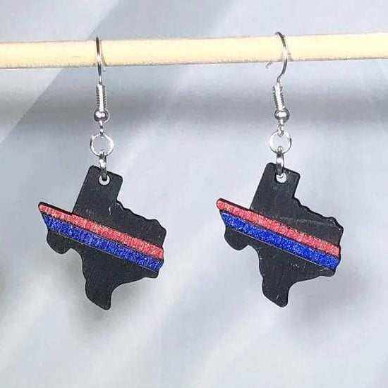 Hand-painted wooden thin red blue line Texas dangle earrings featuring a Texas-shaped design with red and blue line accents and hypoallergenic sterling silver hooks, lightweight jewelry for first responder supporters and Texas pride enthusiasts by Cate’s Concepts
