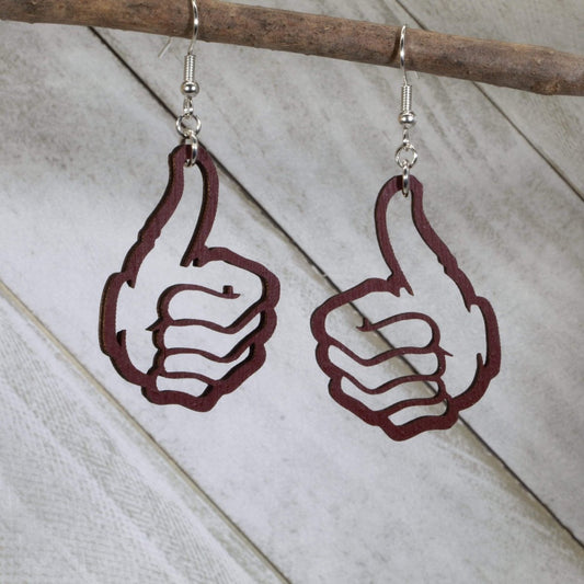 Hand-painted wooden thumbs up dangle earrings with positive hand gesture design and hypoallergenic sterling silver hooks, lightweight thumbs up statement jewelry earrings for uplifting fun style
