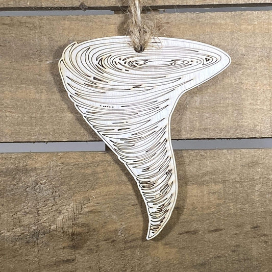 Hand-painted wooden tornado Christmas ornament featuring a swirling storm funnel design with dynamic motion lines and weather-inspired detailing, unique holiday decor for storm chasers and weather enthusiasts by Cate’s Concepts
