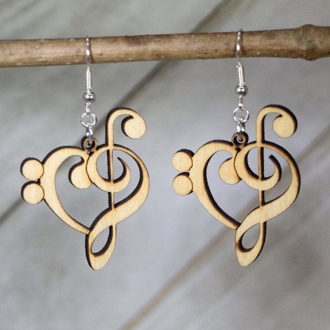 Hand-painted wooden treble and bass clef heart dangle earrings with elegant music note design and hypoallergenic sterling silver hooks, lightweight music statement jewelry earrings for musicians and music lovers