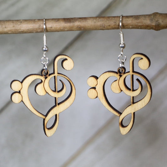 Hand-painted wooden treble and bass clef heart dangle earrings with elegant music note design and hypoallergenic sterling silver hooks, lightweight music statement jewelry earrings for musicians and music lovers