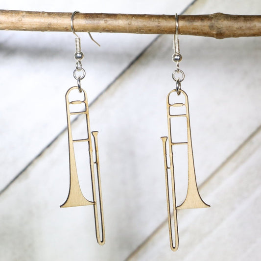 Hand-painted wooden trombone dangle earrings with detailed band instrument design and hypoallergenic sterling silver hooks, lightweight music jewelry for musicians, band students, and orchestra lovers