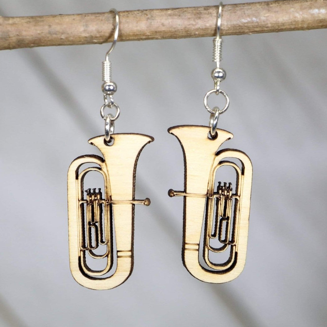 Hand-painted wooden tuba dangle earrings with detailed brass instrument design and hypoallergenic sterling silver hooks, lightweight band statement jewelry earrings for musicians, band students, and music lovers