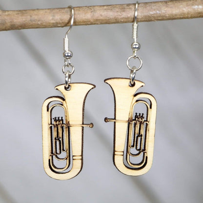 Hand-painted wooden tuba dangle earrings with detailed brass instrument design and hypoallergenic sterling silver hooks, lightweight band statement jewelry earrings for musicians, band students, and music lovers