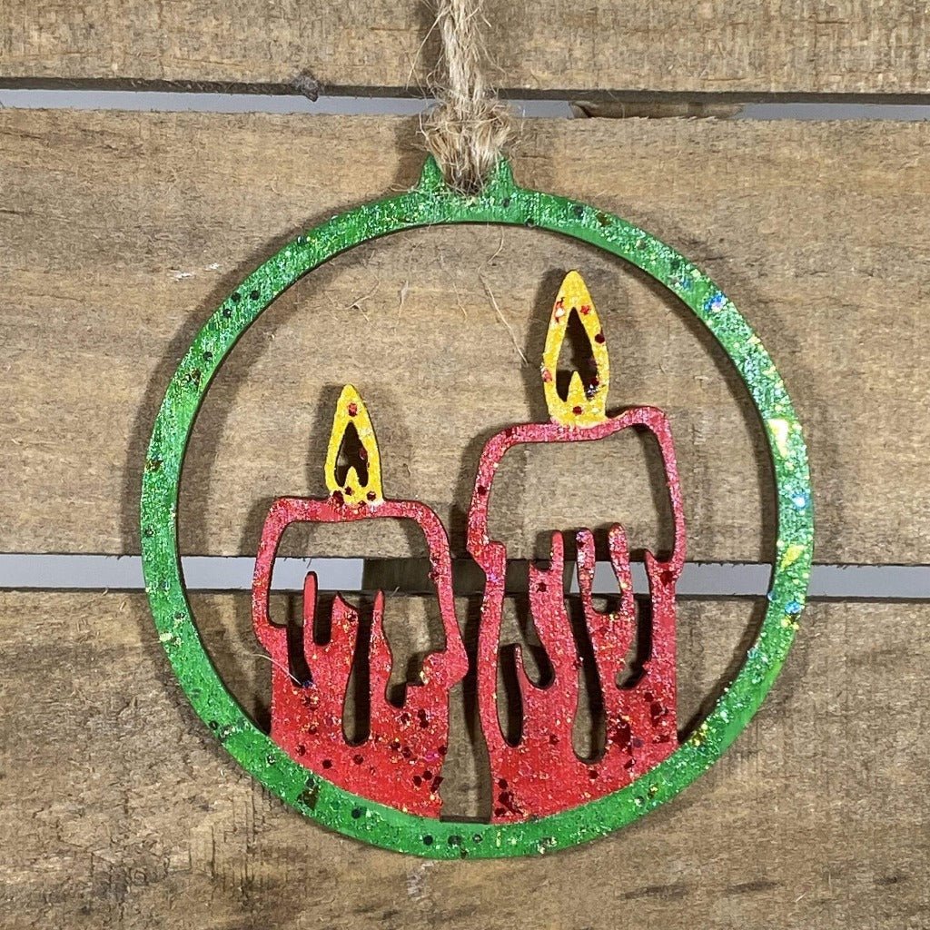 Hand-painted wooden two candles in circle Christmas ornament featuring a classic circular design with twin lit candles and elegant detailing, timeless holiday decor for traditional Christmas displays and cozy home settings by Cate’s Concepts