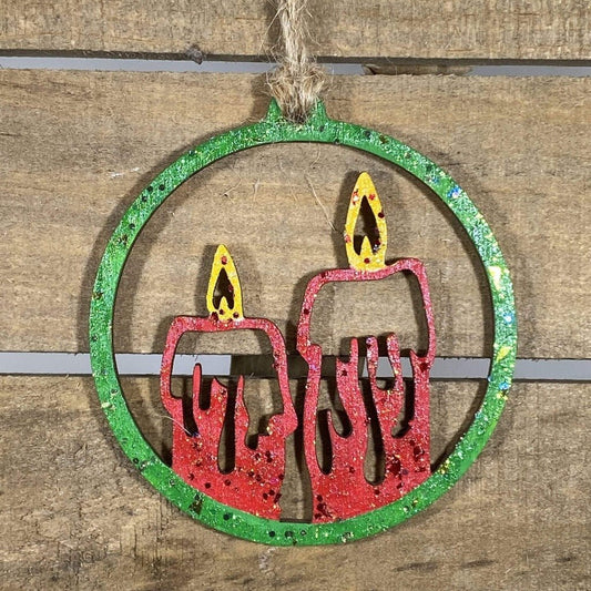 Hand-painted wooden two candles in circle Christmas ornament featuring a classic circular design with twin lit candles and elegant detailing, timeless holiday decor for traditional Christmas displays and cozy home settings by Cate’s Concepts