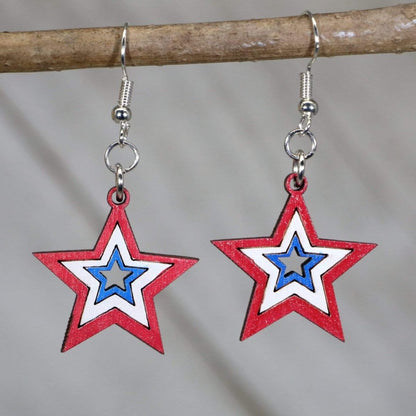 Hand-painted wooden USA stars dangle earrings with American flag inspired design and hypoallergenic sterling silver hooks, lightweight patriotic statement jewelry earrings for national pride style 🇺🇸