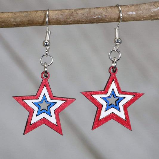 Hand-painted wooden USA stars dangle earrings with American flag inspired design and hypoallergenic sterling silver hooks, lightweight patriotic statement jewelry earrings for national pride style 🇺🇸