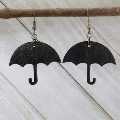 Hand-painted wooden umbrella dangle earrings with rainy day weather design and hypoallergenic sterling silver hooks, lightweight umbrella statement jewelry earrings gift for cozy and whimsical style