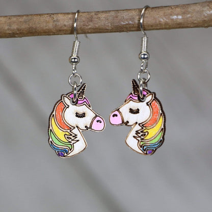 Hand-painted wooden unicorn dangle earrings with magical fantasy design and hypoallergenic sterling silver hooks, lightweight unicorn statement jewelry earrings for whimsical style and fantasy lovers