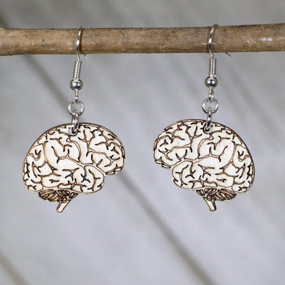 Hand-painted wooden human brain dangle earrings with detailed anatomy design and hypoallergenic sterling silver hooks, lightweight brain statement jewelry earrings for neuroscience lovers, doctors, and quirky science style
