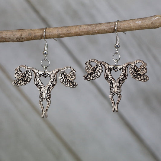 Hand-painted wooden uterus dangle earrings with bold anatomical design and hypoallergenic sterling silver hooks, feminist statement jewelry earrings for reproductive rights and anatomy lovers 