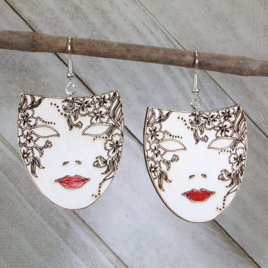 Hand-painted wooden Venetian mask dangle earrings with elegant masquerade design and hypoallergenic sterling silver hooks, lightweight mask statement jewelry earrings for carnival and costume style