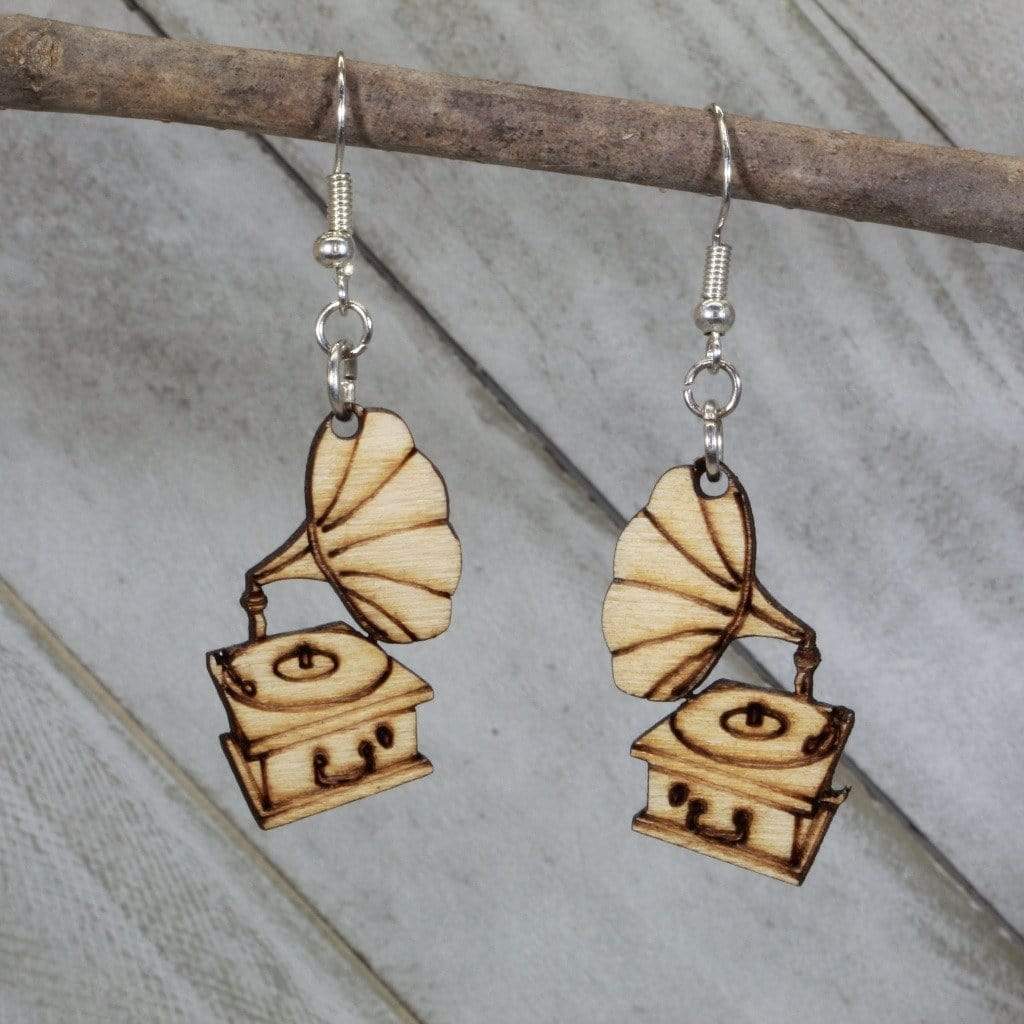 Hand-painted wooden Victorian gramophone dangle earrings with vintage music design and hypoallergenic sterling silver hooks, lightweight gramophone statement jewelry earrings for antique lovers and retro style