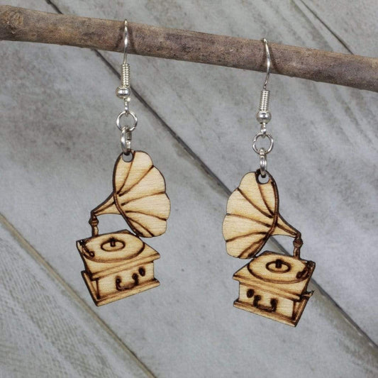 Hand-painted wooden Victorian gramophone dangle earrings with vintage music design and hypoallergenic sterling silver hooks, lightweight gramophone statement jewelry earrings for antique lovers and retro style