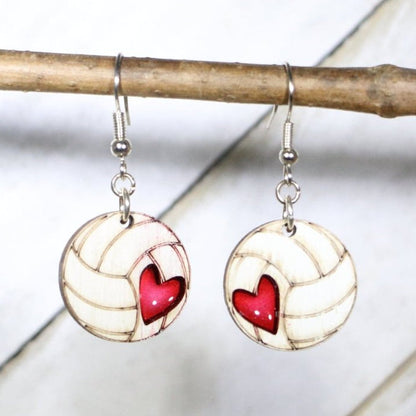 Hand-painted wooden volleyball heart dangle earrings with sports love design and hypoallergenic sterling silver hooks, lightweight volleyball statement jewelry earrings for players, fans, and volleyball moms