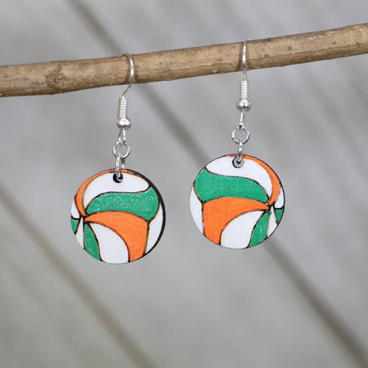 Hand-painted wooden volleyball dangle earrings with green orange and white sports design and hypoallergenic sterling silver hooks, lightweight volleyball statement jewelry earrings for players, fans, and volleyball moms