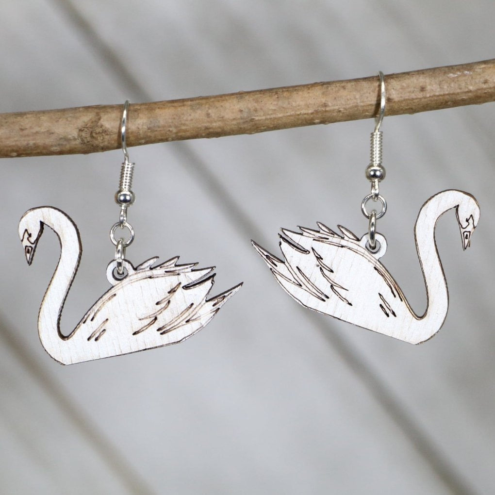Hand-painted wooden white swan dangle earrings with elegant bird design and hypoallergenic sterling silver hooks, lightweight swan statement jewelry earrings for graceful nature-inspired style