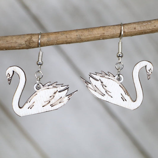 Hand-painted wooden white swan dangle earrings with elegant bird design and hypoallergenic sterling silver hooks, lightweight swan statement jewelry earrings for graceful nature-inspired style