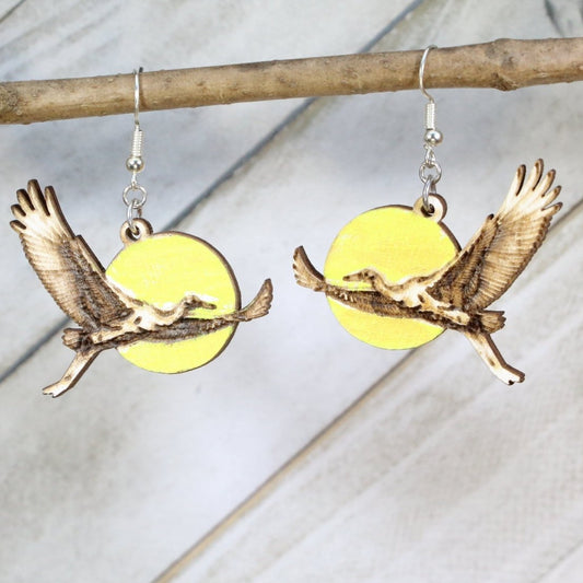 Hand-painted wooden whooping crane dangle earrings with elegant bird wildlife design and hypoallergenic sterling silver hooks, nature lover statement jewelry for bird watchers and wildlife fans