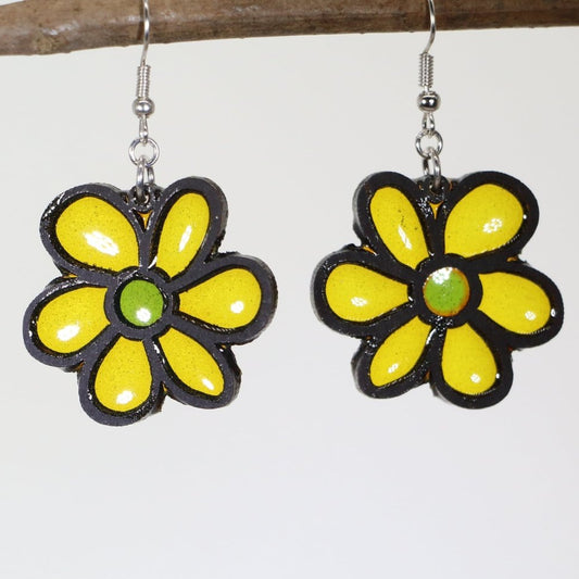 Yellow Flower Wooden Dangle Earrings - - Cate's Concepts, LLC