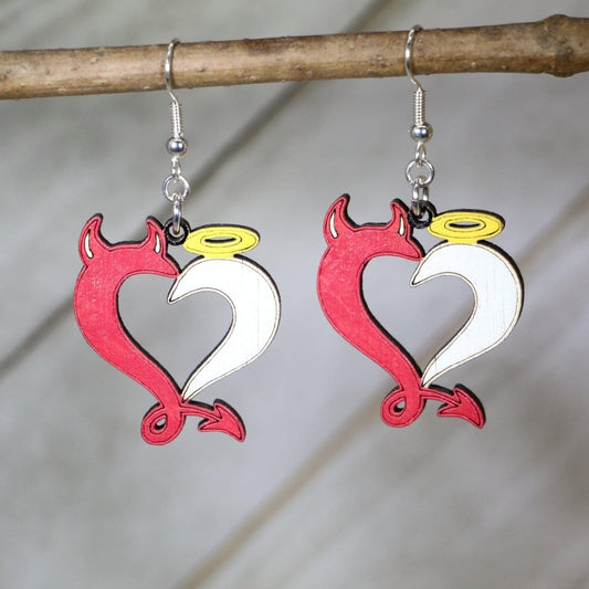 Angel Devil Heart Wooden Dangle Earrings - - Cate's Concepts, LLC