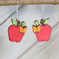 Apple with Happy Bookworm Wooden Earrings - - Cate's Concepts, LLC