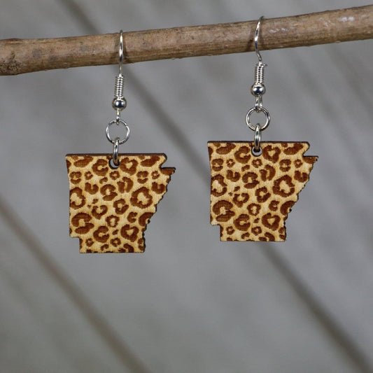 Arkansas State Leopard Print Wooden Dangle Earrings - - Cate's Concepts, LLC