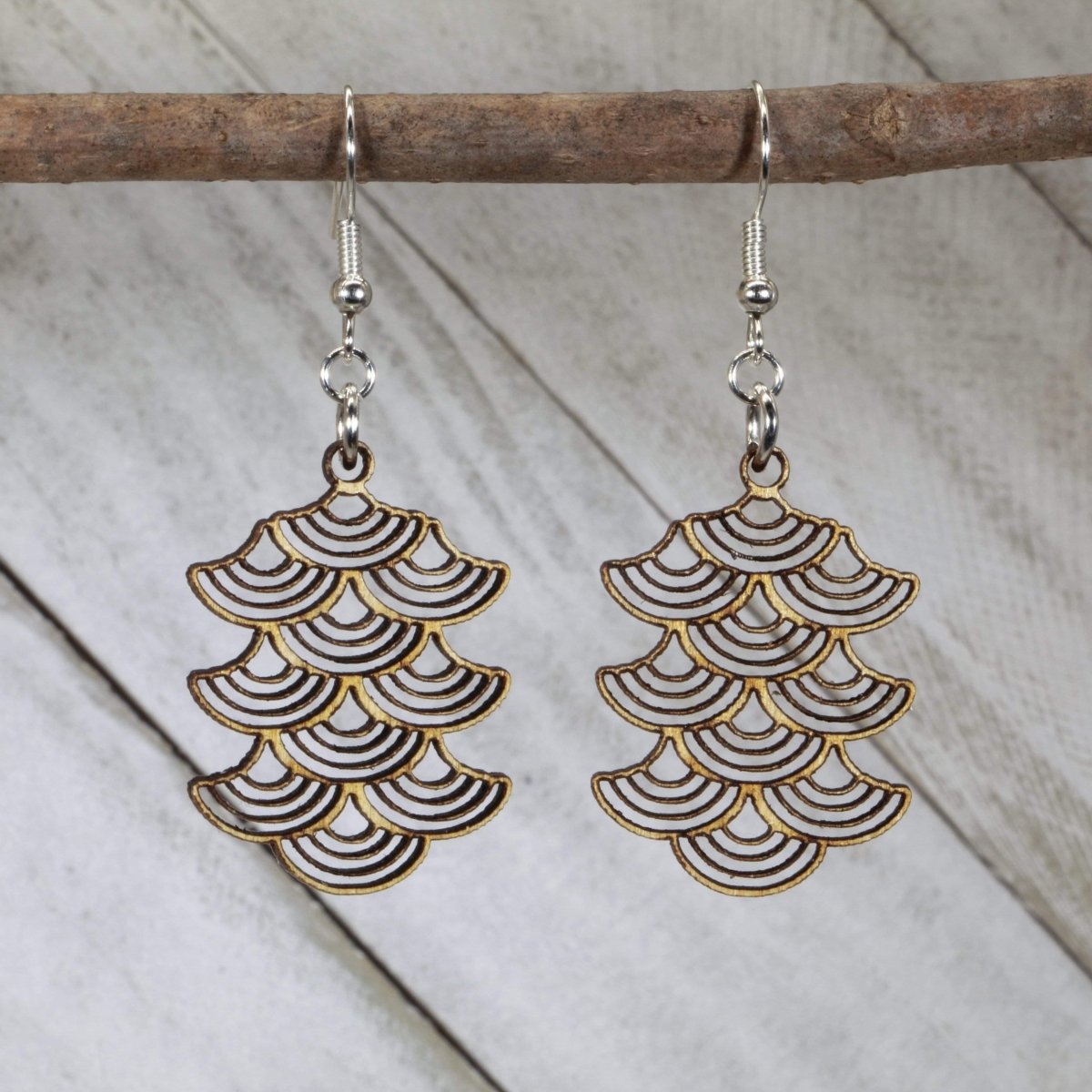 Art Deco Scallop Wooden Dangle Earrings - - Cate's Concepts, LLC