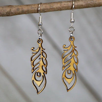 Art Nouveau Feather Wooden Dangle Earrings - - Cate's Concepts, LLC