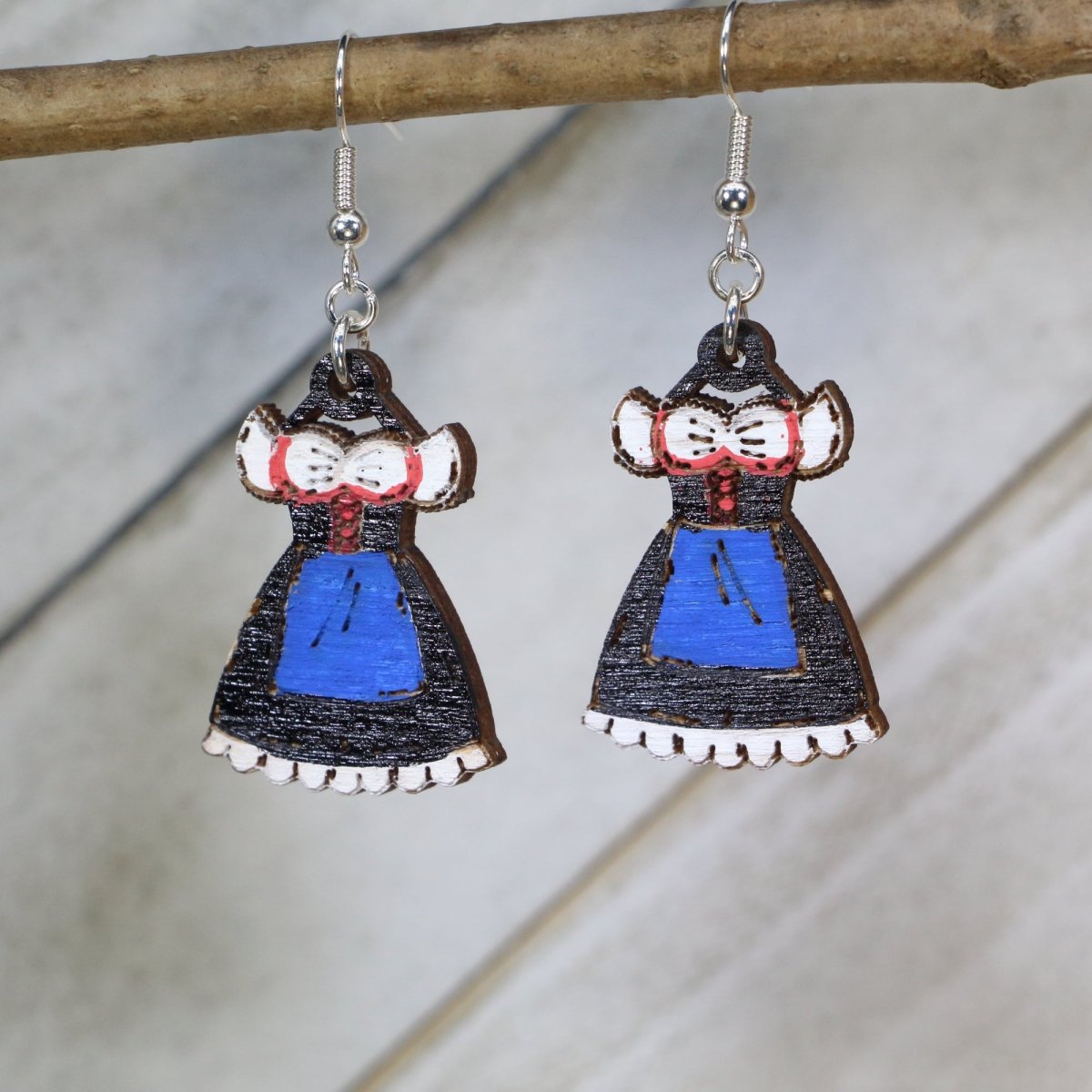 Authentic German Dirndl Dress Inspired Wooden Earrings - Black and Blue - Cate's Concepts, LLC