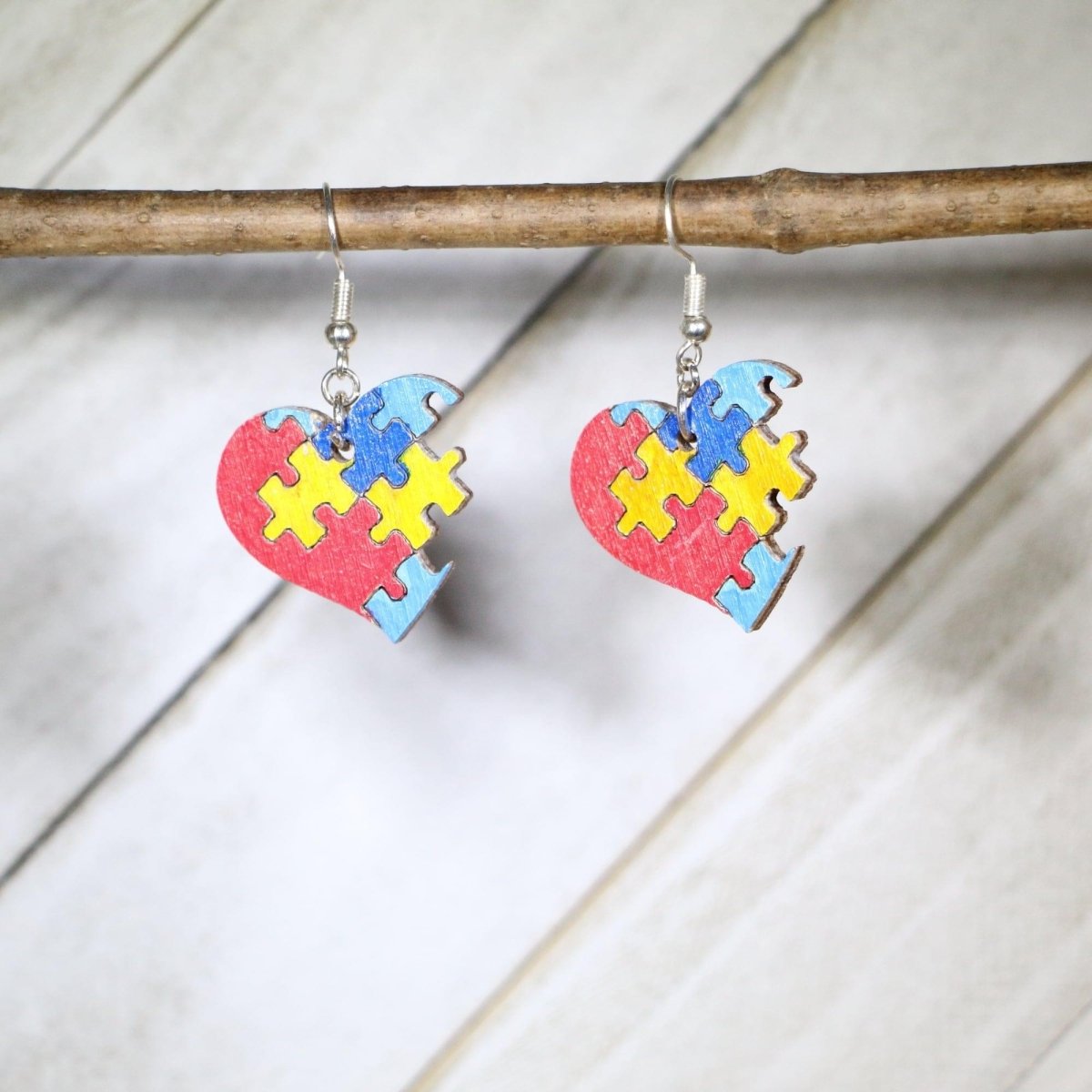 Autism Heart Puzzle Wooden Dangle Earrings - - Cate's Concepts, LLC