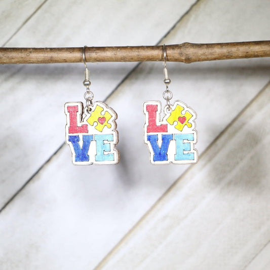 Autism LOVE Wooden Dangle Earrings - - Cate's Concepts, LLC