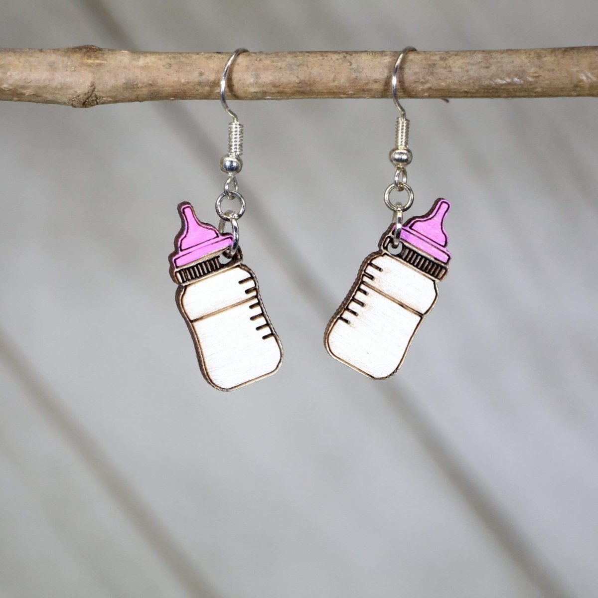 Baby Bottle Wooden Dangle Earrings - Pink - Cate's Concepts, LLC