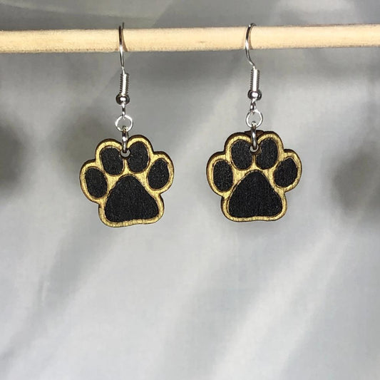 Black and Gold Paw Print Wooden Dangle Earrings - - Cate's Concepts, LLC