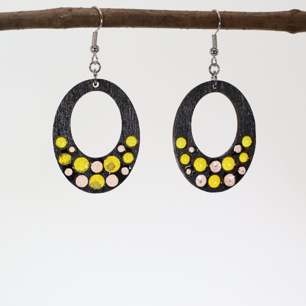 Black and Yellow Oval Wooden Dangle Earrings - - Cate's Concepts, LLC